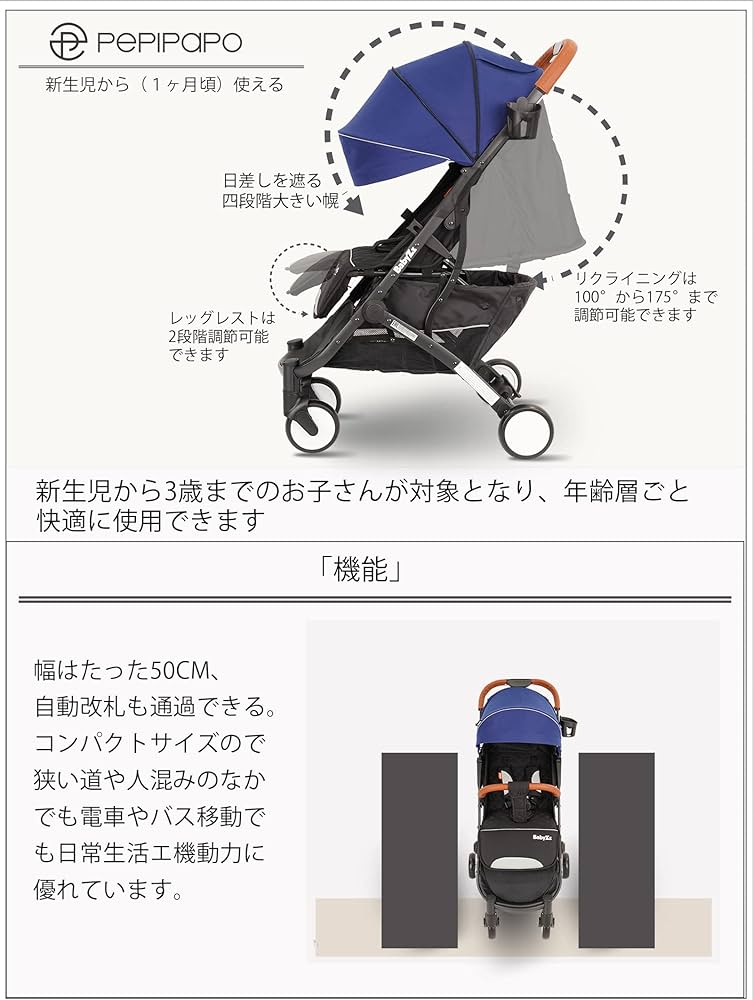 Amazon.co.jp: PEPIPAPO 軽量 ベビーカー b型,コンパクト 新生児